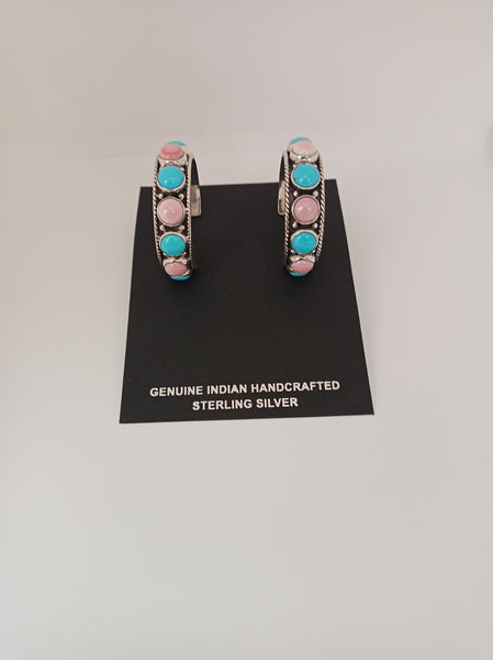 Navajo Handcrafted Pink Conch Shell and Turquoise Earrings; ER49-10