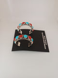 Navajo Handcrafted Turquoise and Coral Hoop Earrings; ER49-7