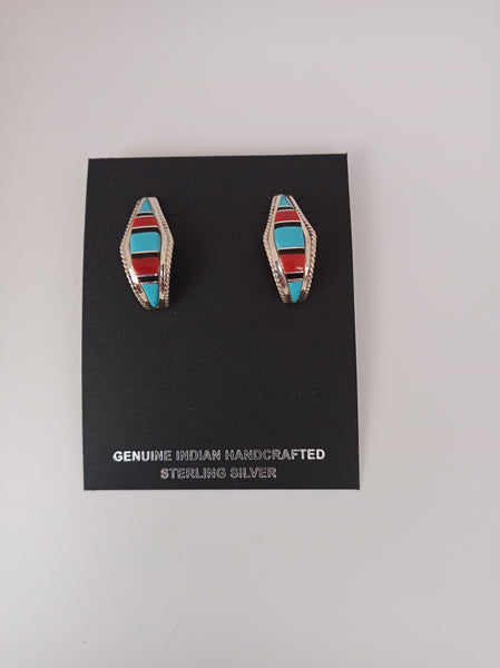Zuni Handcrafted Multi Stone Inlaid and Sterling Silver Earrings by Deirdre Luna