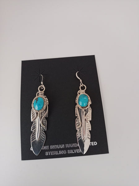 Navajo Handcrafted Sterling Silver and Turquoise Feather Earrings by Gilbert Smith; ER20-10