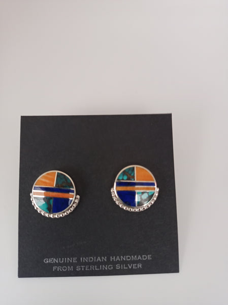 Zuni Handcrafted Multi Stone Inlaid Earrings; ER20-8