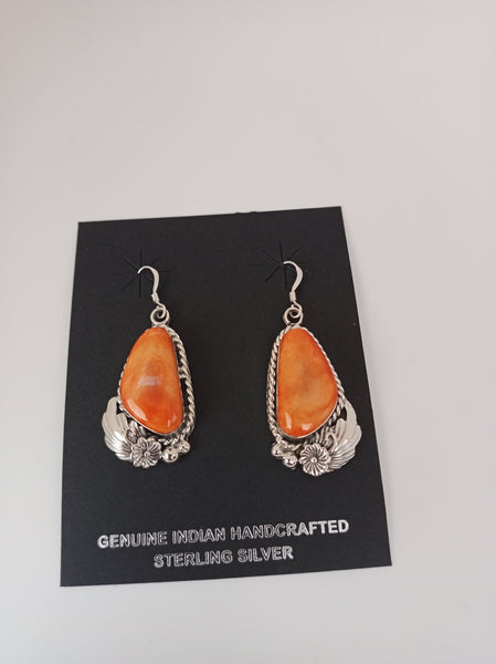 Navajo Handcrafted Sterling Silver and Orange Spiny Oyster Earrings by Fannie Platero; ER20-7