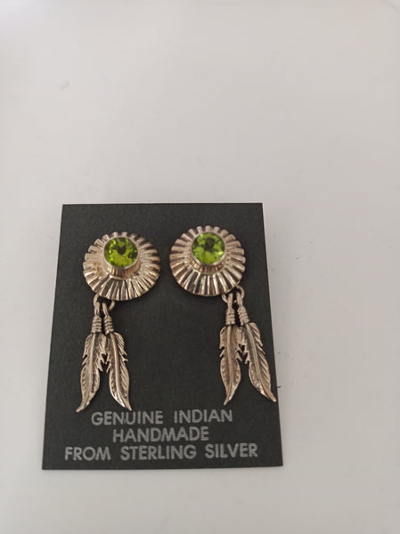 Peridot sterling silver earrings with feather, Navajo.