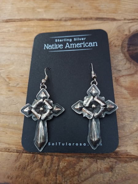 Navajo Handcrafted Sterling Silver Cross Earrings; ER114-2