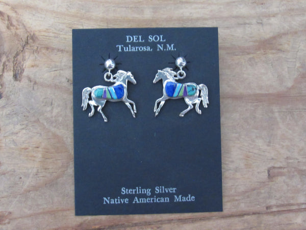 Authentic Navajo  Handcrafted Sterling Silver Multi-Stone Inlay Horse Earrings by Valerie Yazzie