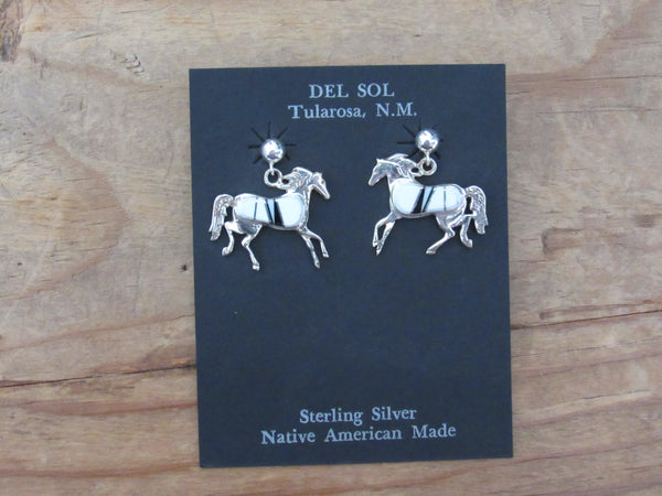 Authentic Handcrafted Navajo Sterling Silver Black Jet and Clamshell Inlay Horse Earrings by Valerie Yazzie