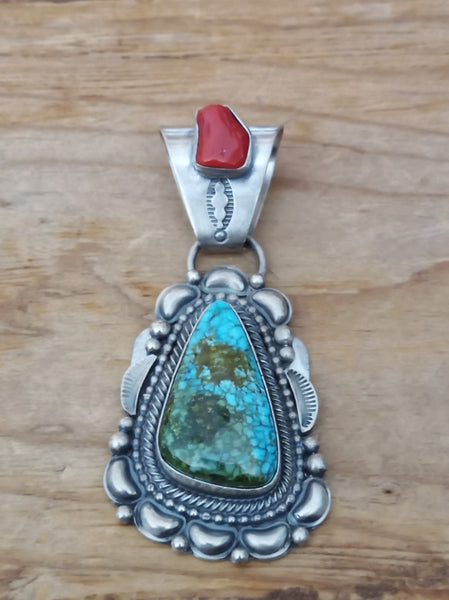 Navajo Handcrafted Turquoise and Coral Pendant; PD2006