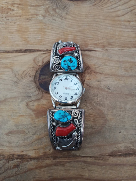 Handcrafted Authentic Navajo Sterling Silver Turquoise and Coral Watchband
