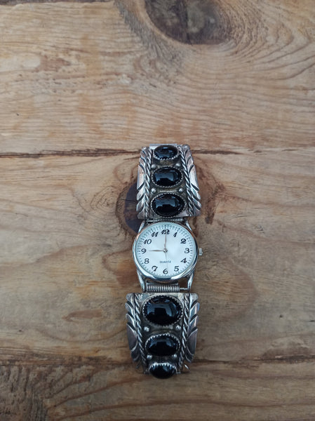 Authentic Navajo Handcrafted Sterling Silver Watchband with Black Jet Stones