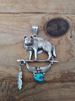 Handcrafted Authentic Navajo Sterling Silver Wolf Pendent with Turquoise