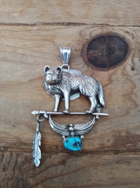 Handcrafted Authentic Navajo Sterling Silver Wolf Pendent with Turquoise