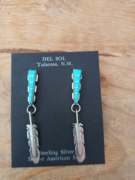 Zuni Inlay Genuine Turquoise Earrings with Feathers; Navajo Silversmiths Tammy Johnson & Terrence Panteah