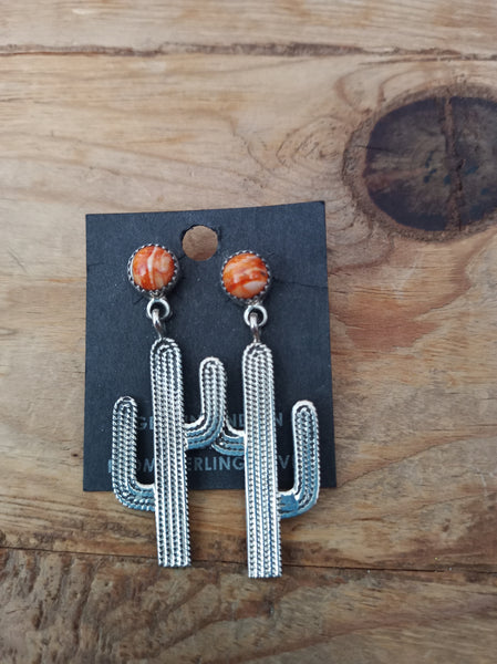 Authentic Navajo Sterling Silver Orange Spiny Oyster Cactus Earrings