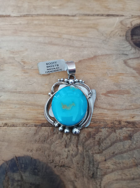 Sterling Silver and Kingman Turquoise Pendent; Navajo Made