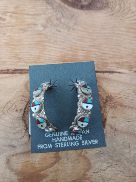 Sun God hoop, Native American handcrafted sterling silver earrings. Zuni Sun God
