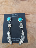 Authentic Navajo Sterling Silver Turquoise Feather Earrings; ER10-C10