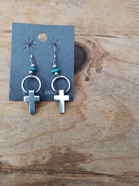 Authentic Navajo Sterling Silver Turquoise Cross Earrings; ER8-B3