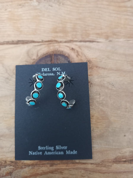 Zuni Handcrafted Turquoise and Sterling Silver Half Hoop Earrings; ER16-06