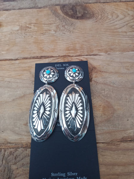 Navajo Handcrafted Sterling Silver and Turquoise Earrings; ER216-7
