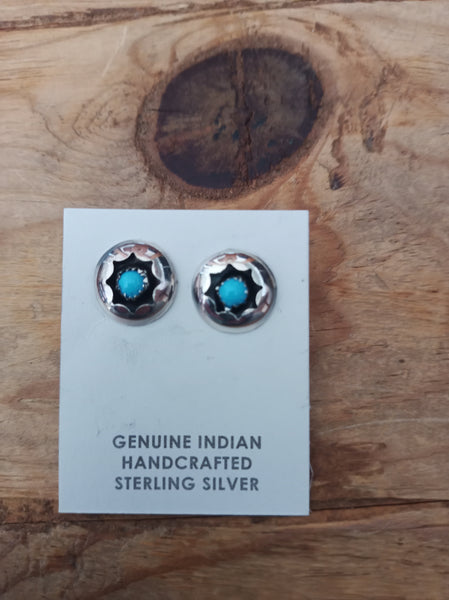 Navajo Handcrafted Sterling Silver and Turquoise Button Earrings; ER216-3