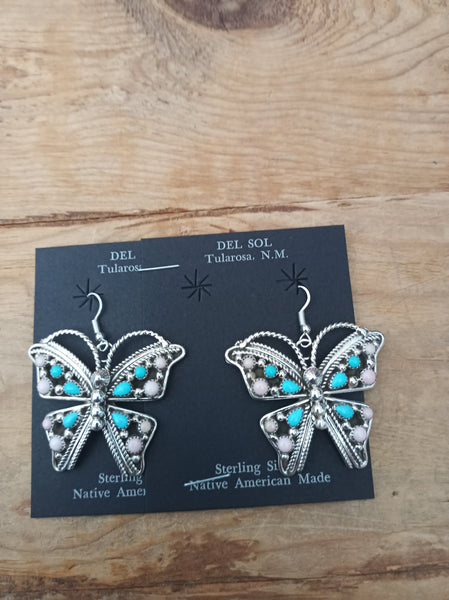 Navajo Sterling Silver, Turquoise, and Conch Shell Butterfly Earrings; ER216-1