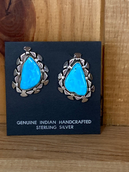 Navajo Handcrafted Kingman Turquoise and Sterling Silver Earrings