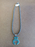 Authentic Navajo Pearl Necklace with Sterling Silver and Turquoise Naja Pendant; NK18-6