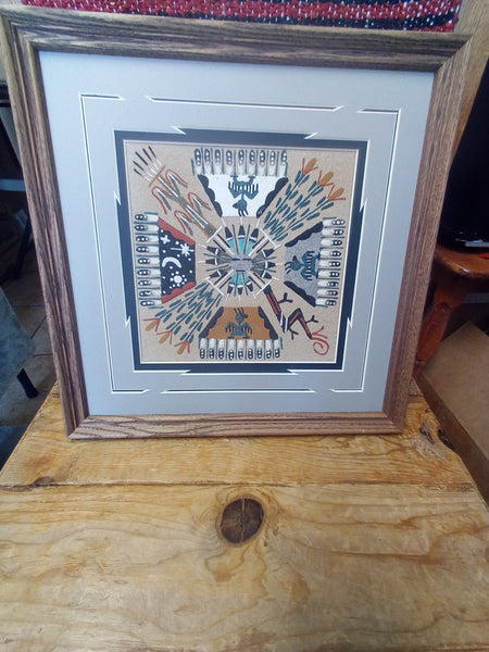 Navajo Sand Painting by Marlene Doby; 13"x13" framed; SP96-2