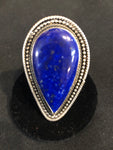 Authentic Navajo Handcrafted Sterling Silver Tear Drop Lapis Ring; Sz. 7