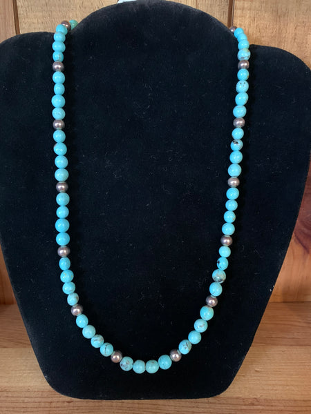 Genuine Turquoise and Sterling Silver Necklace; 20”