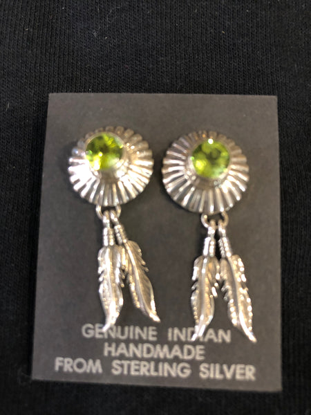 Peridot sterling silver earrings with feather, Navajo.