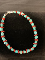 Genuine Campitos Turquoise and Coral Anklet; 9.5”