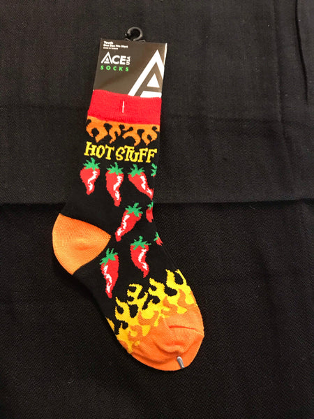 Sock with chile peppers that say HOT STUFF