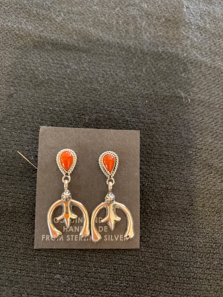 Authentic Navajo Sterling Silver Coral Naja Earrings; ER15-B12